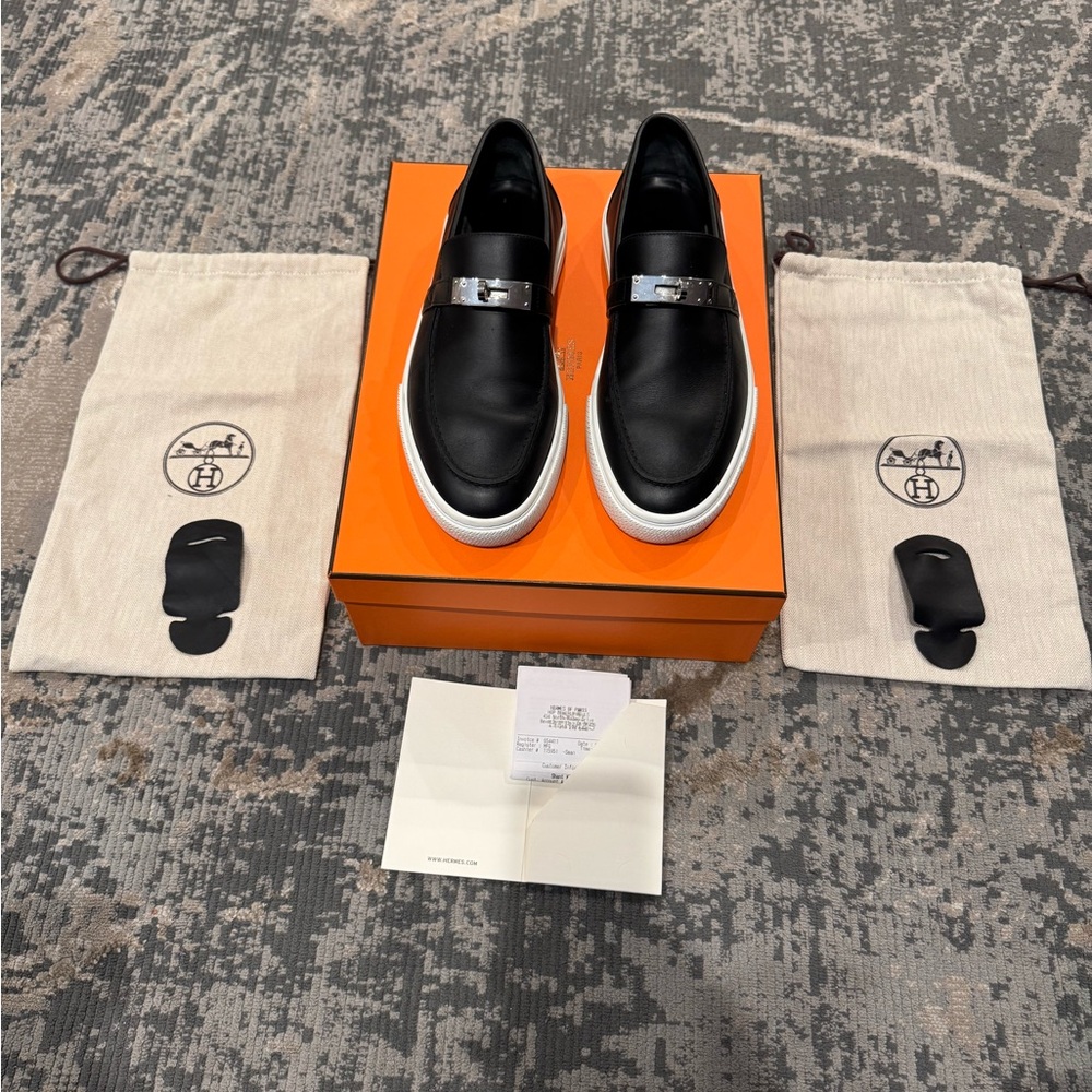 Hermes Black and White Men's Slip-On Loafers